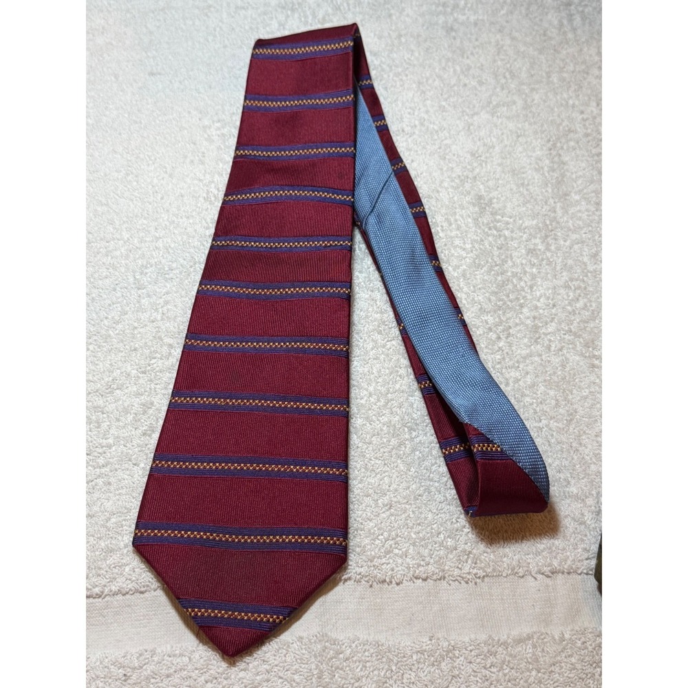 Tommy Hilfiger Mens Silk Necktie Burgundy Red Blue Gold Striped Made in USA